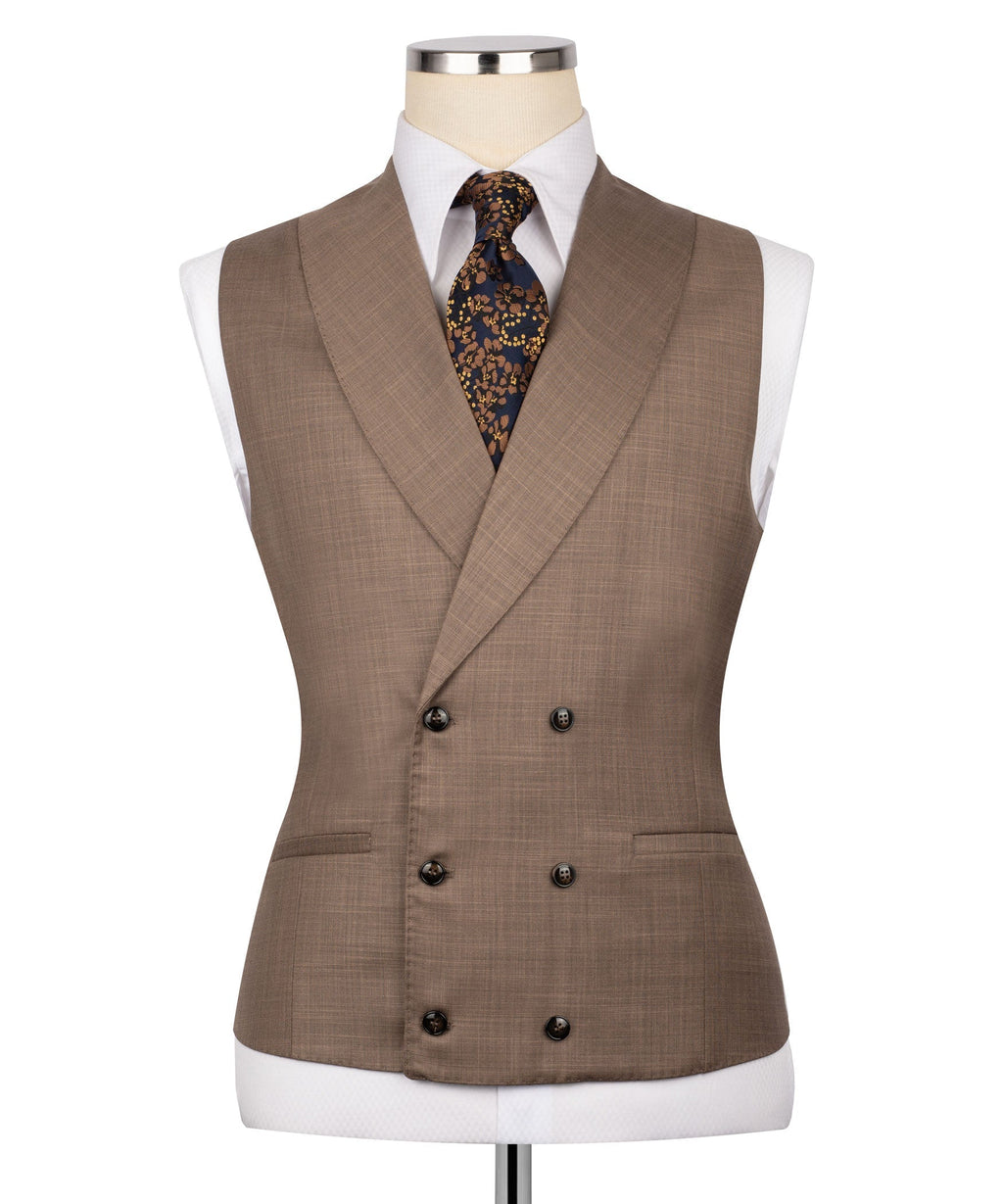 Taupe double-breasted waistcoat with four buttons and welt pockets