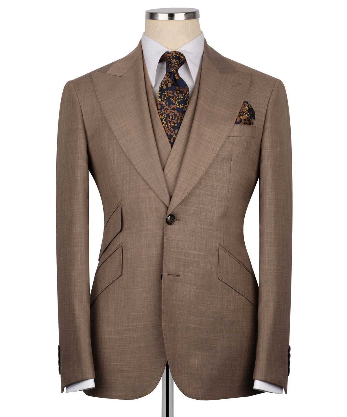 Taupe suit jacket front with notch lapels, matching vest, and patterned tie