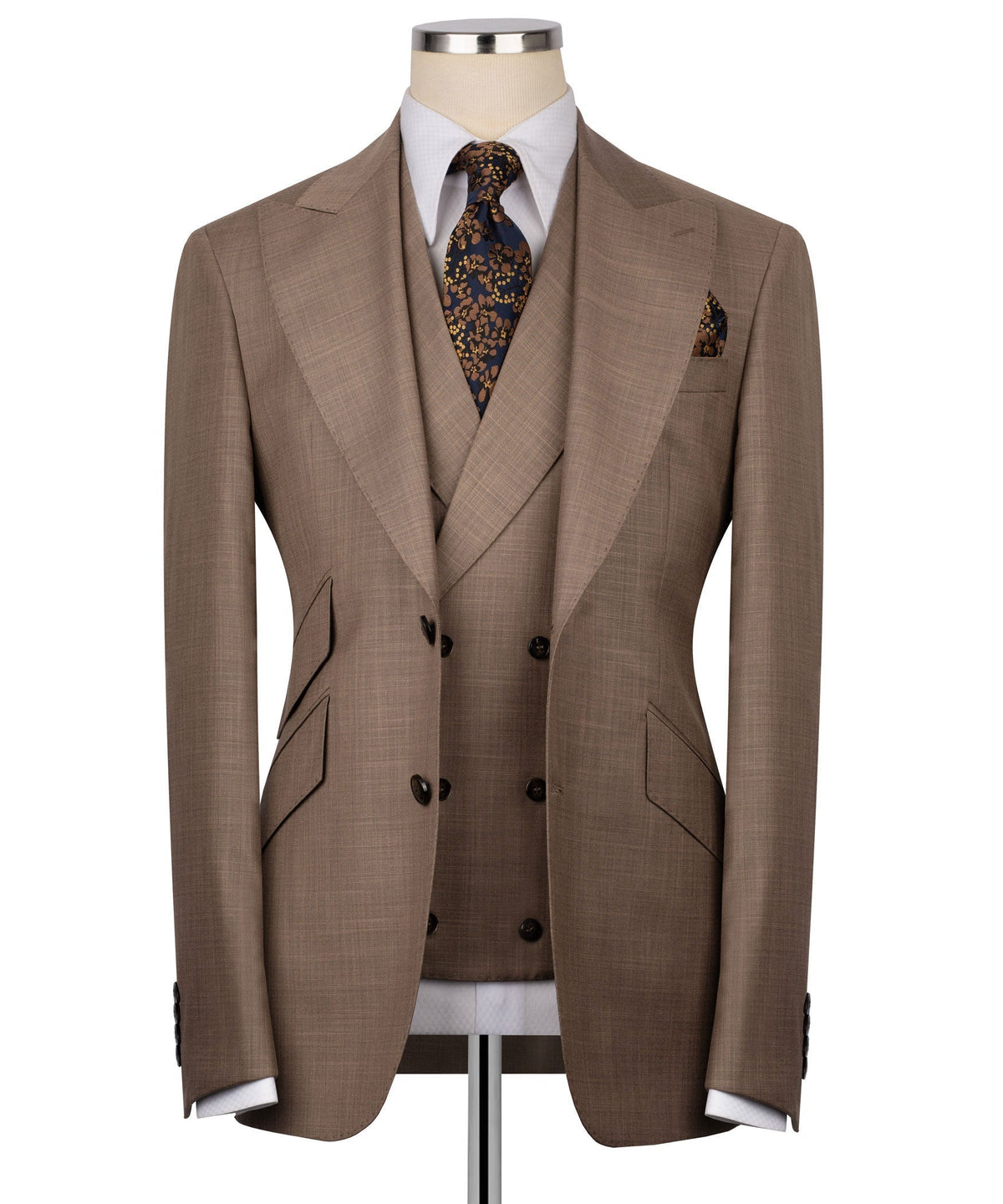 Classic 3-piece suit set in taupe: tailored jacket with vest and patterned tie