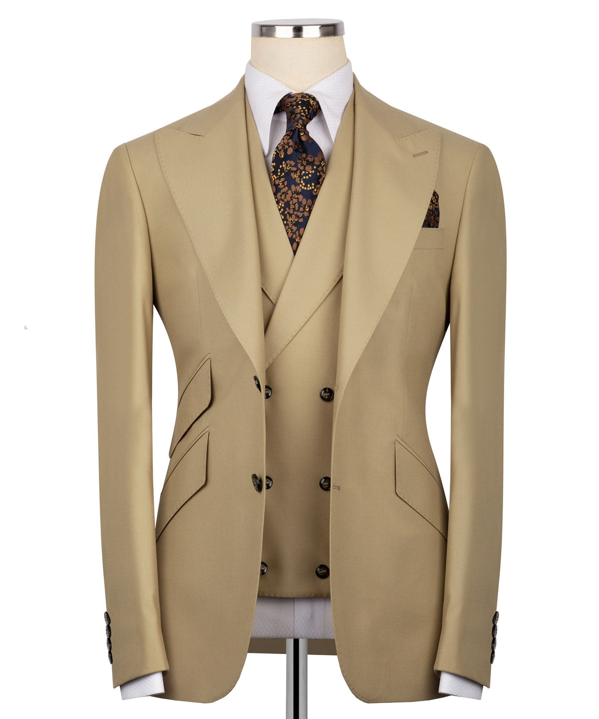 Light tan 3-piece vest suit set, with patterned tie and matching pocket square
