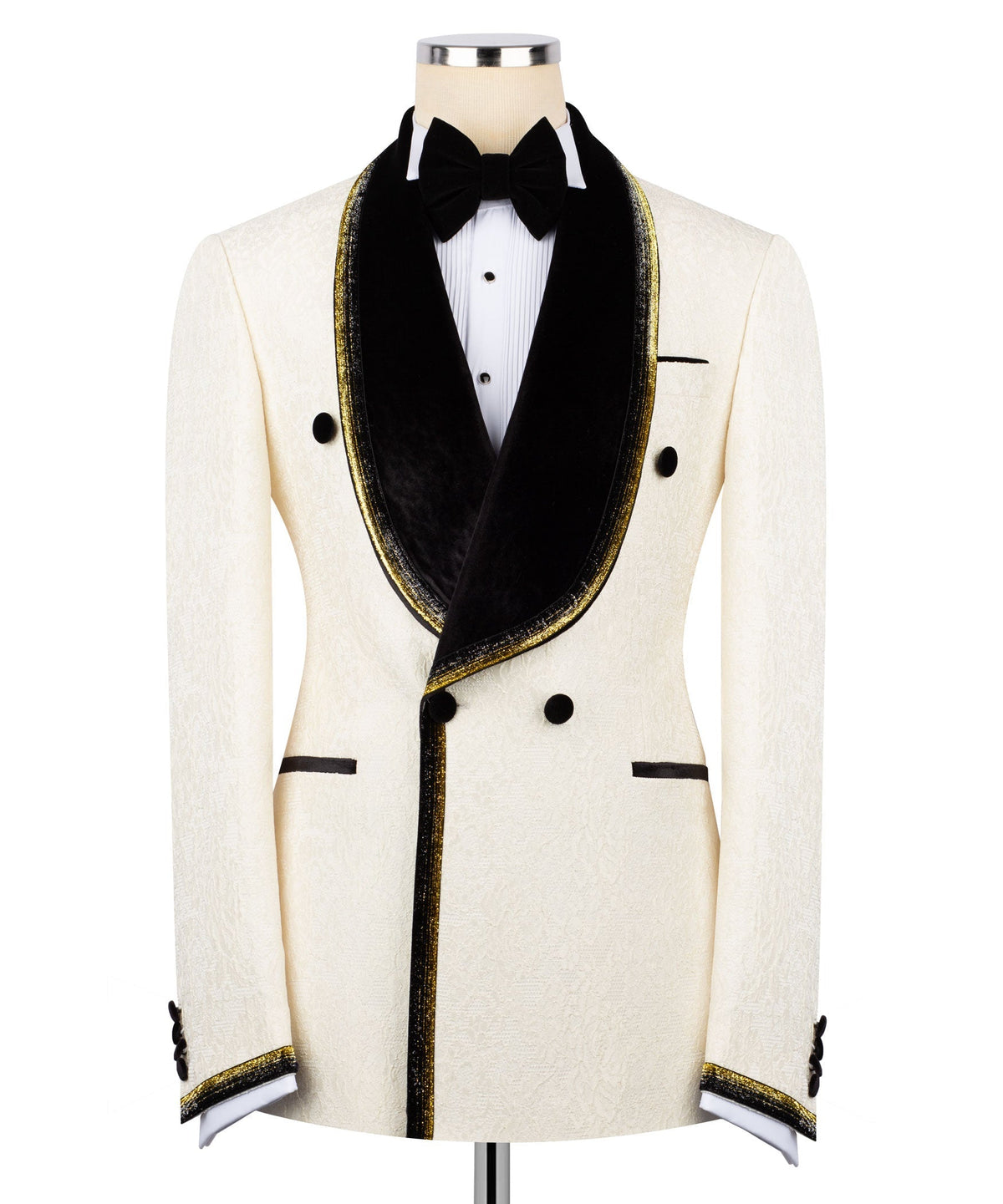 Ivory tuxedo jacket with black velvet embroidered lapels, gold trim, bow tie, white shirt