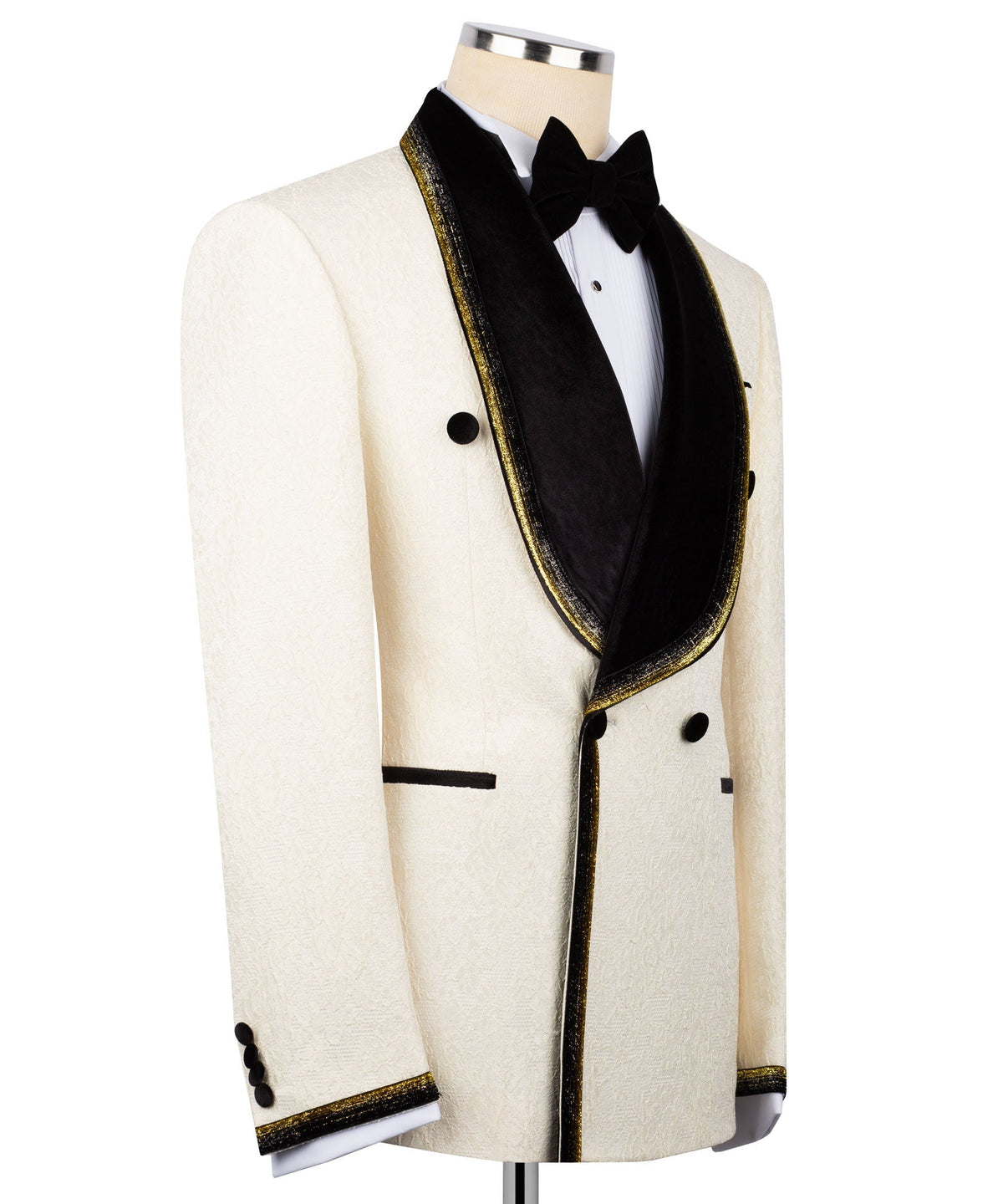 Ivory tuxedo jacket side view with black velvet collar, gold-embroidered trim and buttons