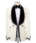 Front view of ivory tuxedo jacket with black velvet shawl collar and bow tie