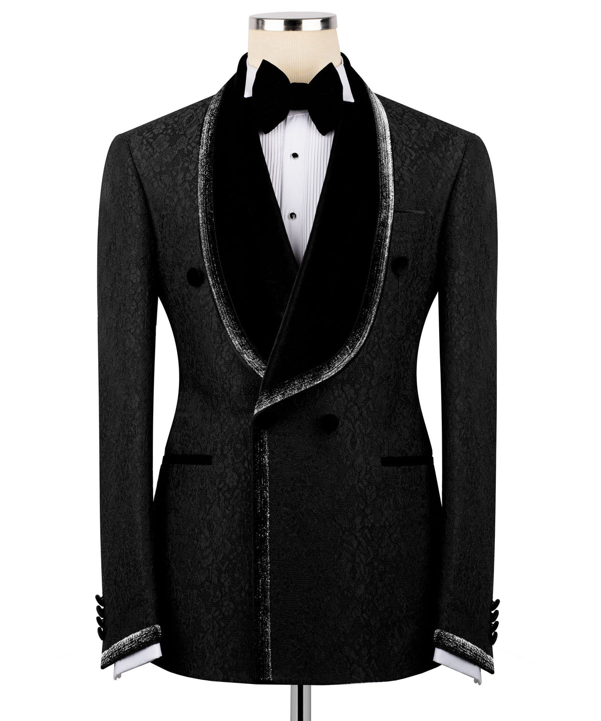 Black tuxedo jacket with velvet embroidered collar and satin trim lapels