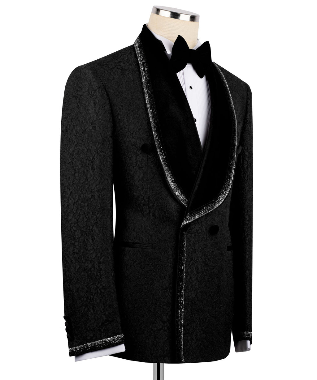 Black tuxedo jacket with velvet-trimmed lapels and embroidered satin piping