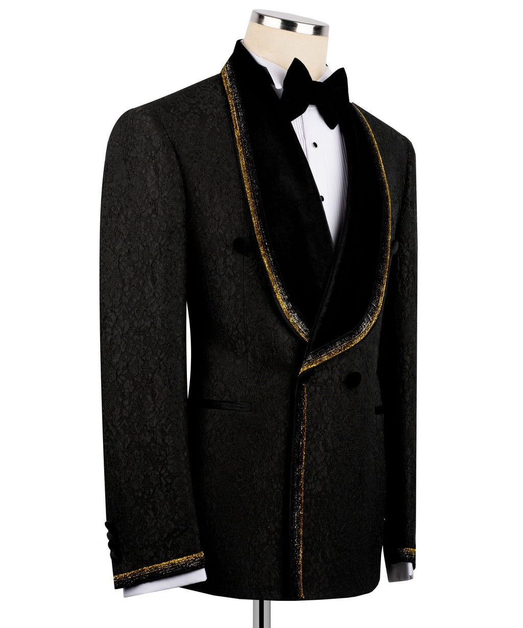Black velvet tuxedo jacket back view with gold-trimmed embroidered collar and bow tie