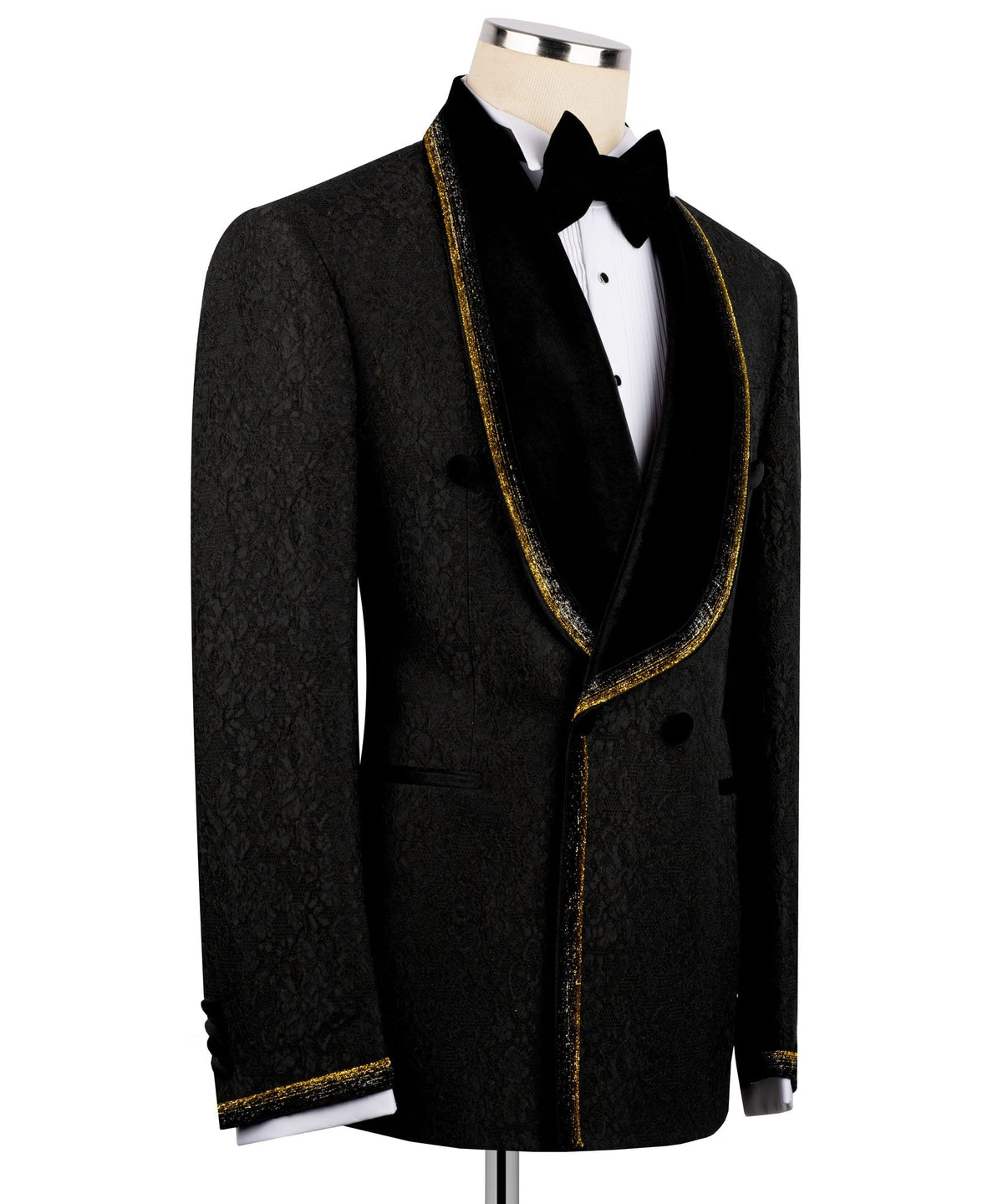 Black velvet tuxedo jacket back view with gold-trimmed embroidered collar and bow tie