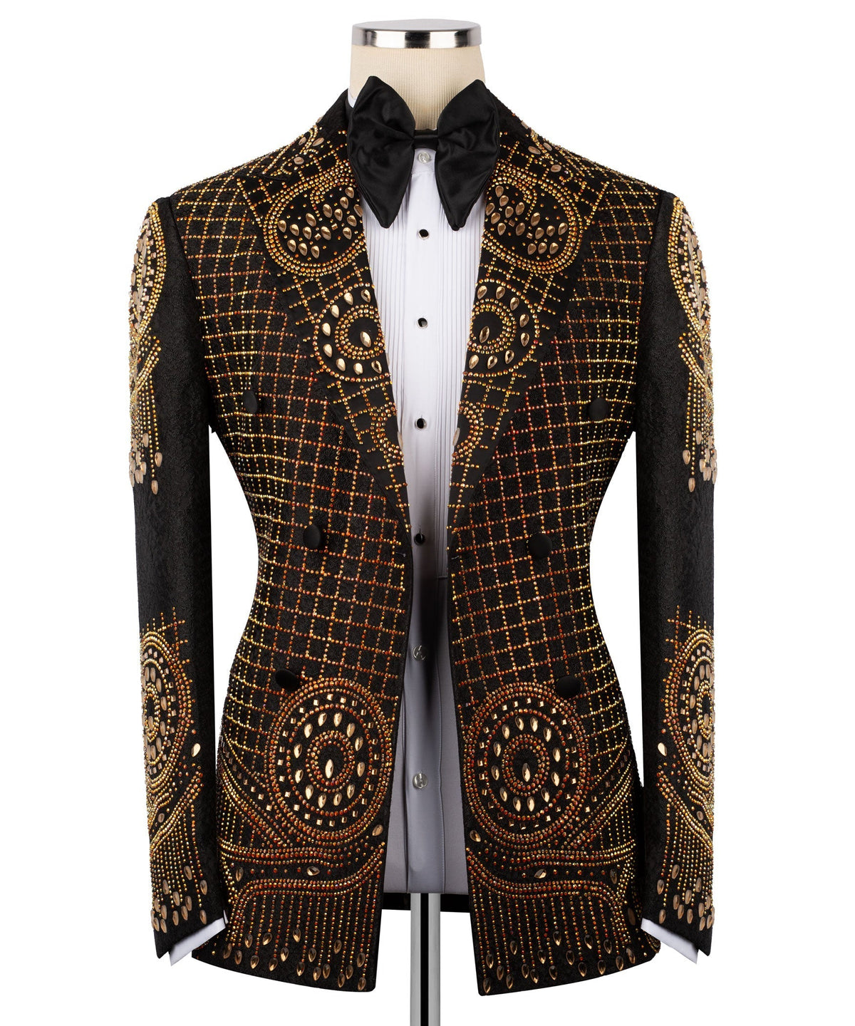 Front view: black tuxedo jacket with gold embroidery and bow tie over white shirt
