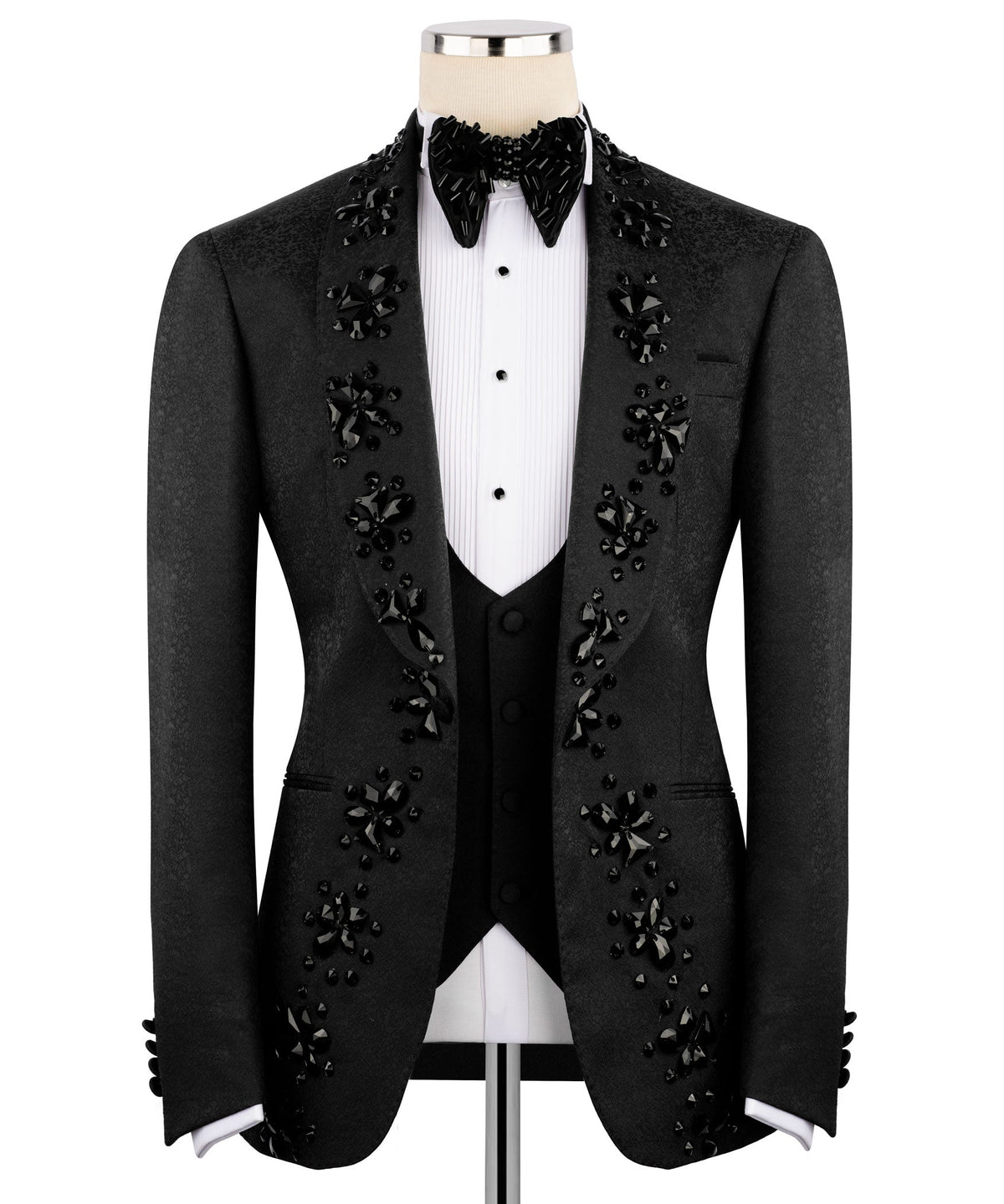 Black hand-embroidered tuxedo jacket with floral embellishment and satin peak lapels