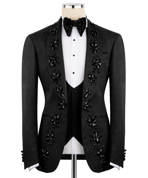 Black hand-embroidered tuxedo jacket with floral embellishment and satin peak lapels