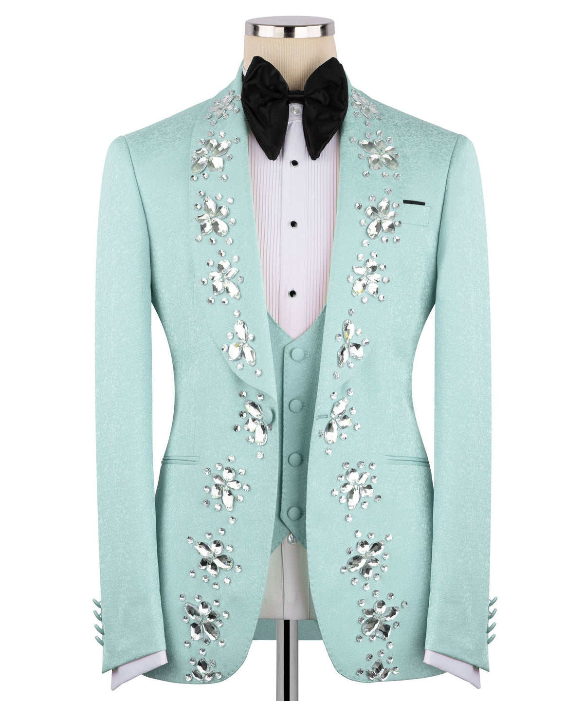 Teal tuxedo jacket with silver stone embroidery and black satin bow tie