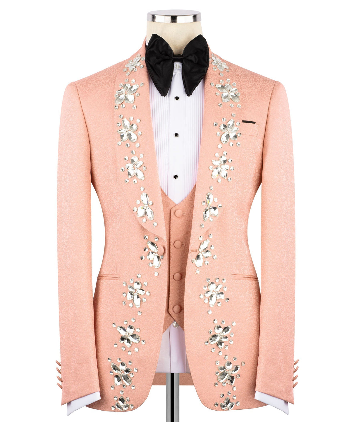Peach/pink tuxedo jacket with rhinestone floral embroidery, bow tie and vest set