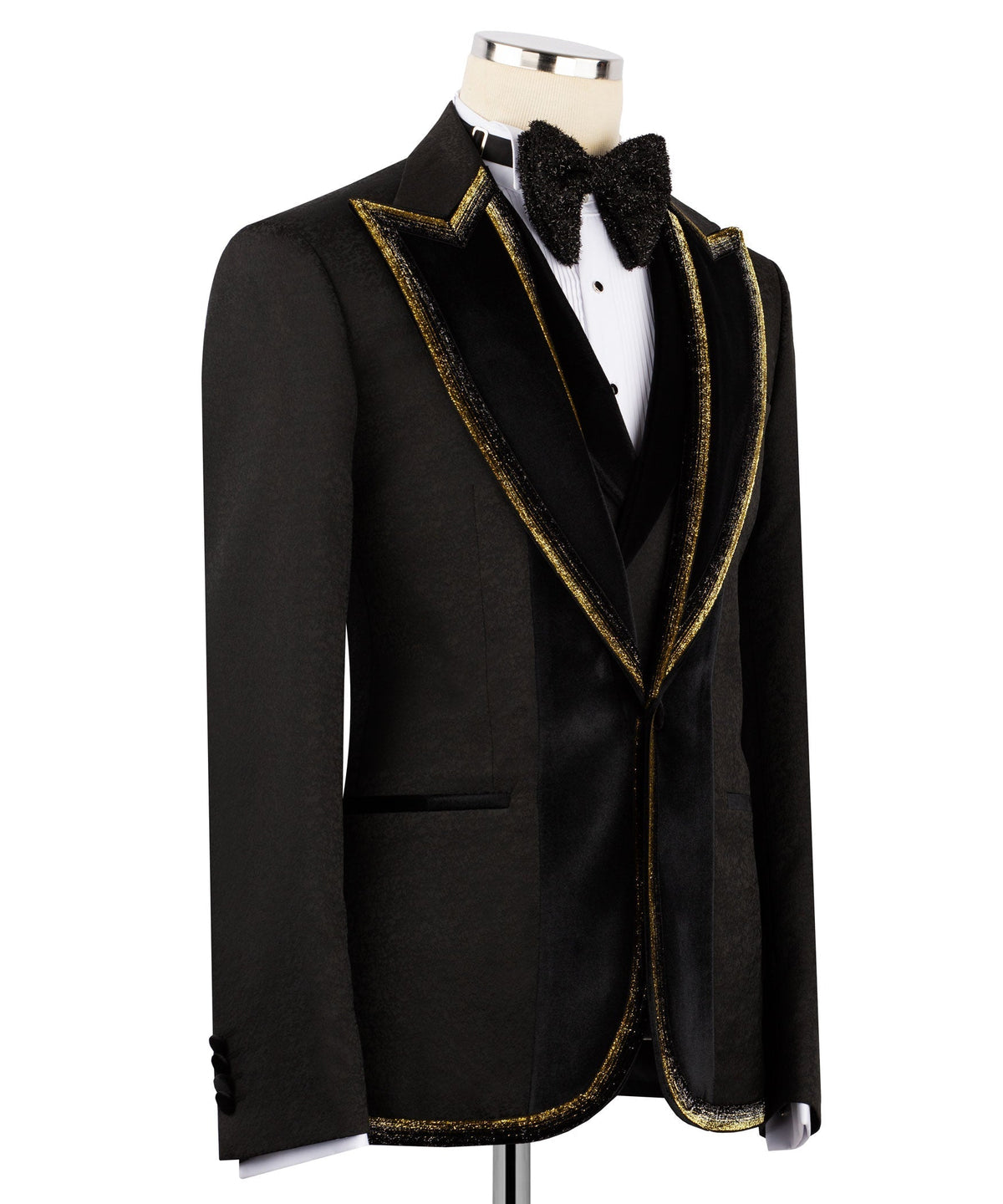 Black tuxedo jacket side view with gold-trimmed lapels and embroidered collar