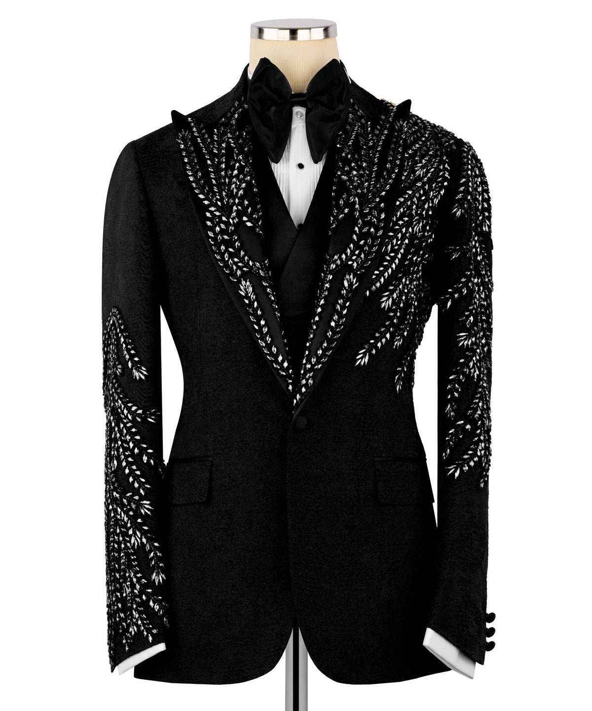 Black hand-embroidered tuxedo jacket with satin bow tie and patterned lapels