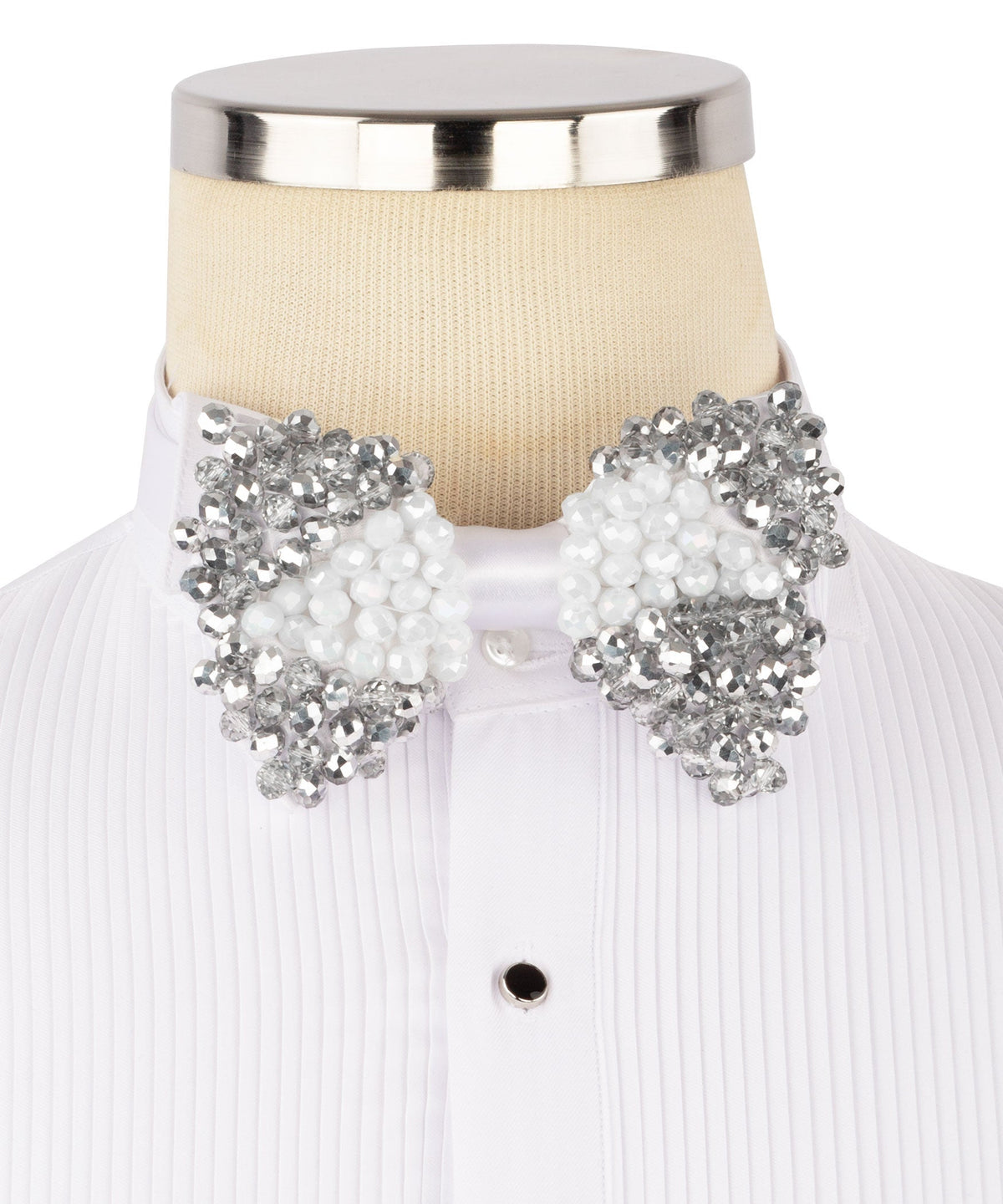 Beaded bow tie with white bead clusters and silver glitter accents