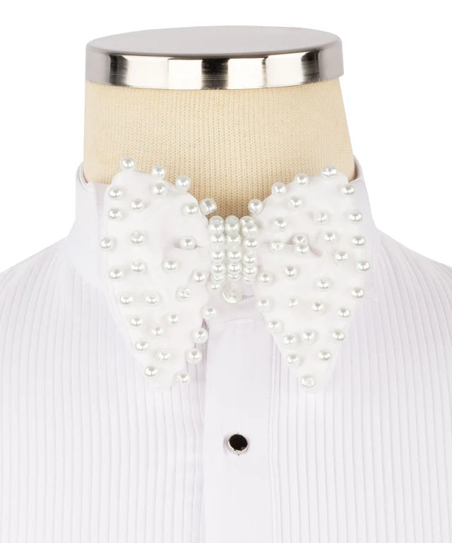 Koss Atelier white silk bow tie adorned with scattered white pearls on a matching pleated tuxedo shirt.