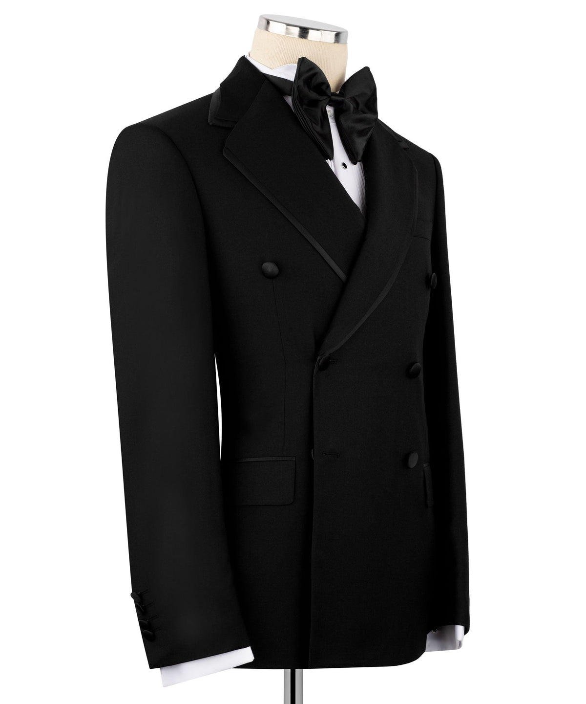 Black tuxedo coat front view with double-breasted buttons and satin bow tie