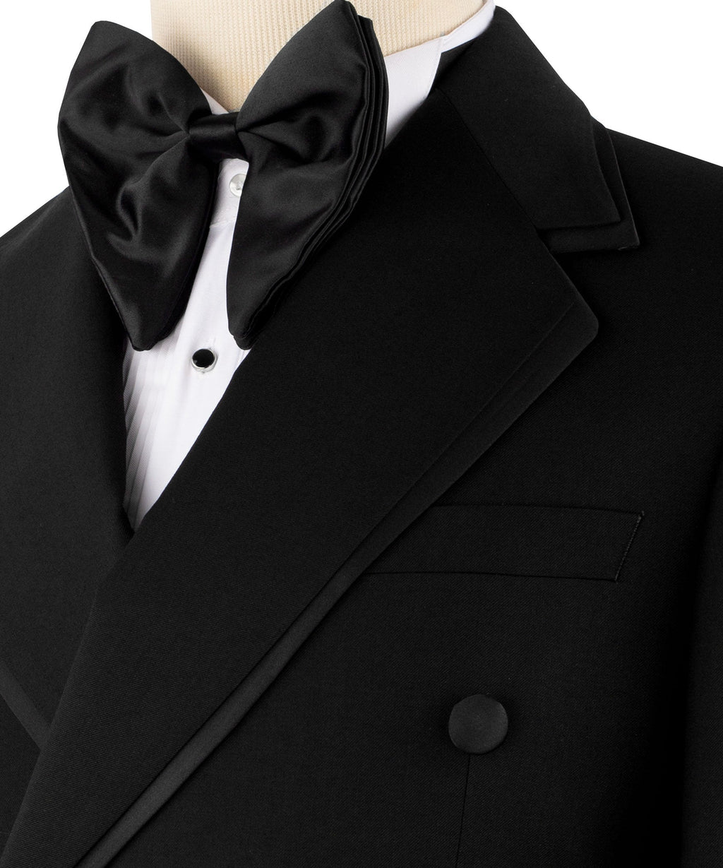 Black satin bow tie and tuxedo lapels with double-breasted buttons