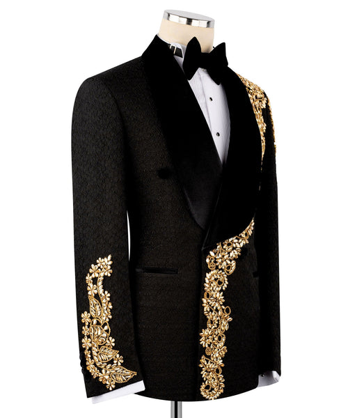 Black velvet tuxedo jacket with gold embroidered trim on shoulder and front flap