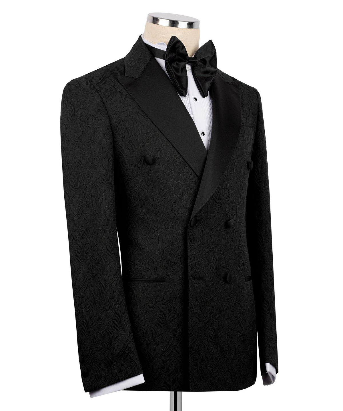 Black double-breasted tuxedo jacket, bouton-style buttons and notch lapel