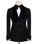 Black velvet-collar tuxedo jacket with bow tie and matching waistcoat