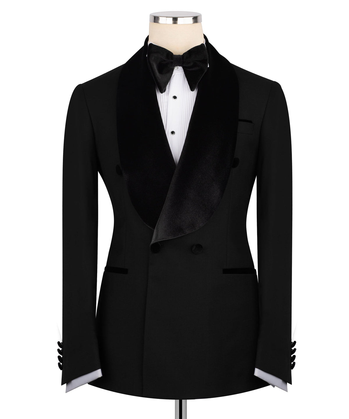 Black velvet-collar tuxedo jacket with bow tie and matching waistcoat