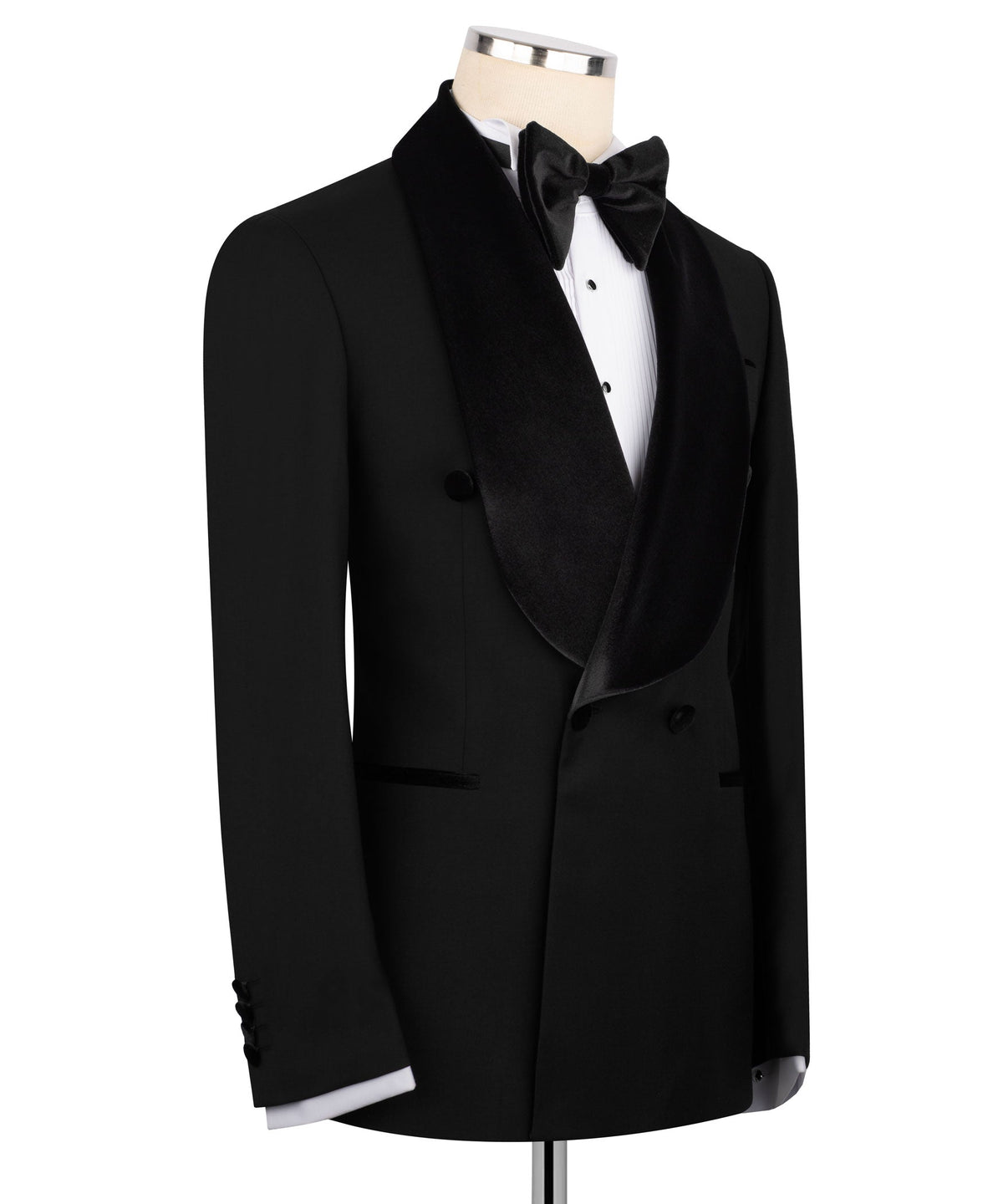 Black tuxedo two-piece: velvet-collar lapel jacket with satin bow tie and buttoned vest
