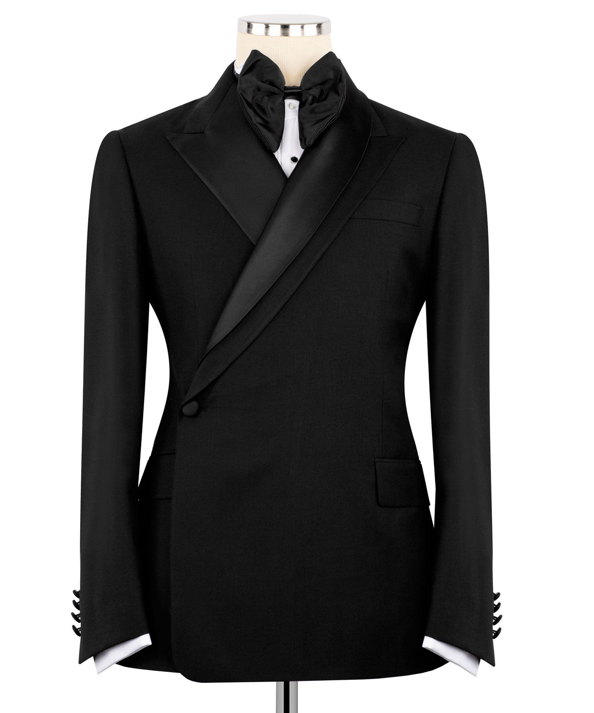 Black double-breasted tuxedo jacket with satin lapels and bow tie