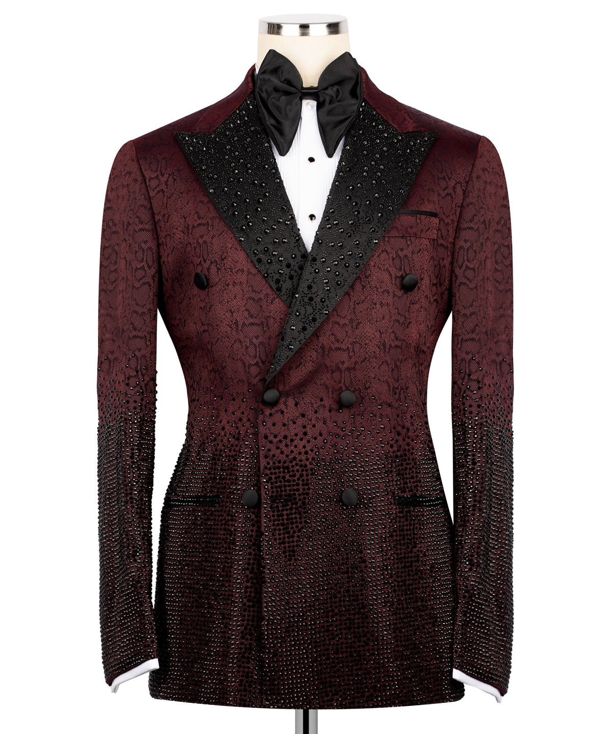 Burgundy tuxedo jacket with black beaded lapels, satin bow tie, double-breasted front