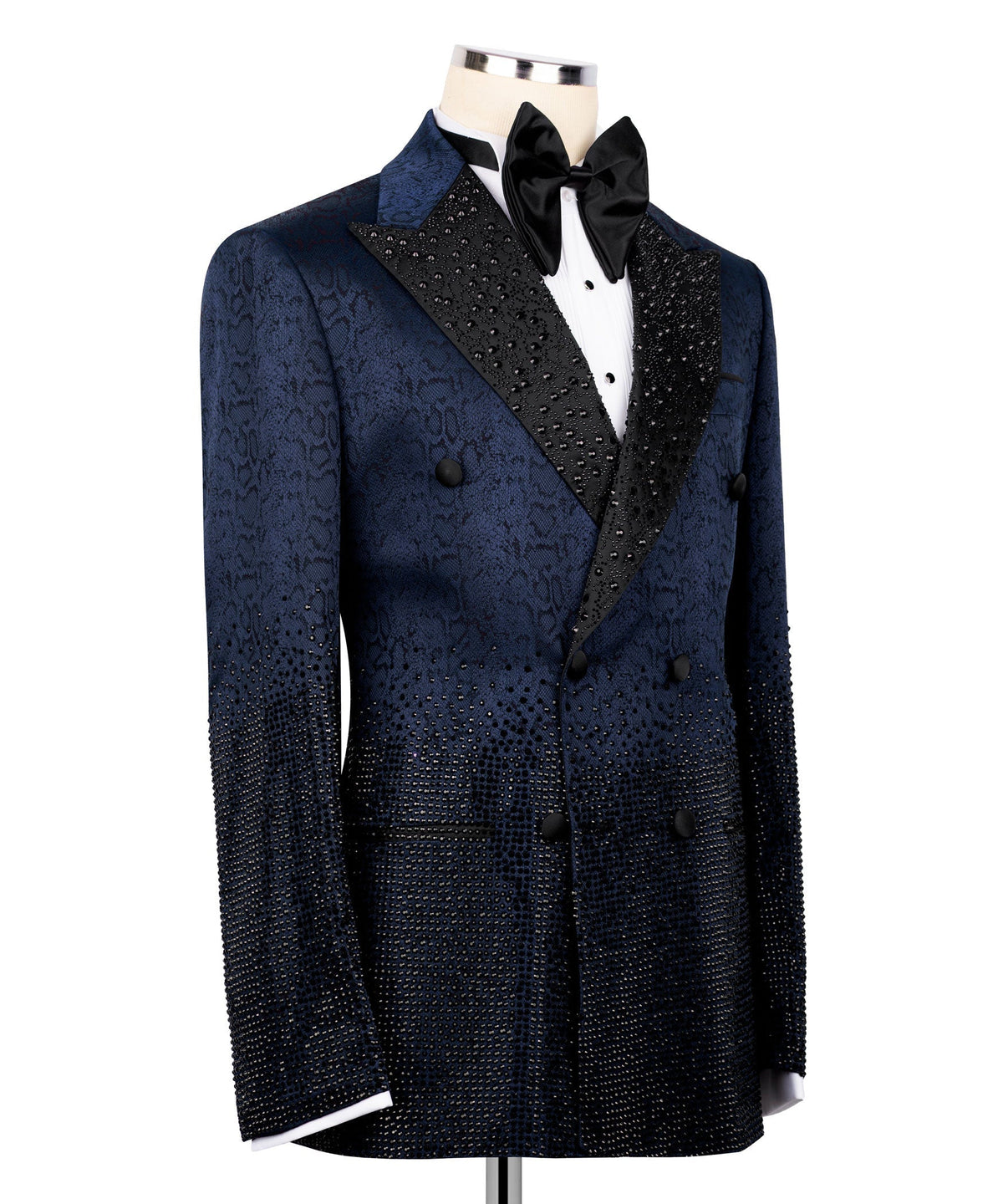 Blue tuxedo jacket front, black jeweled lapel panel, double-breasted buttons