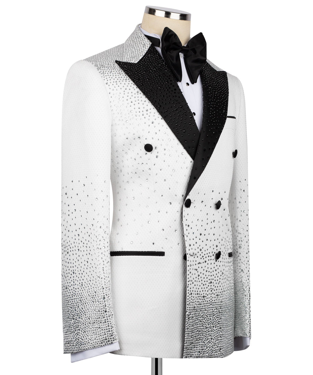White tuxedo jacket side view with black lapel, bow tie, and textured dot pattern
