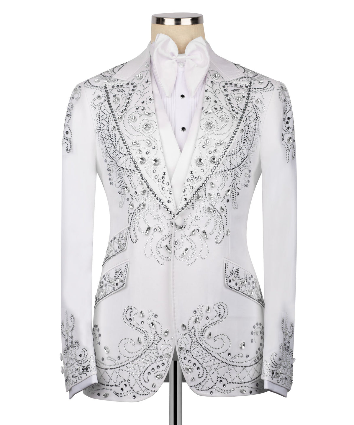 White tuxedo jacket with dense silver rhinestone swirl embroidery on lapels and chest