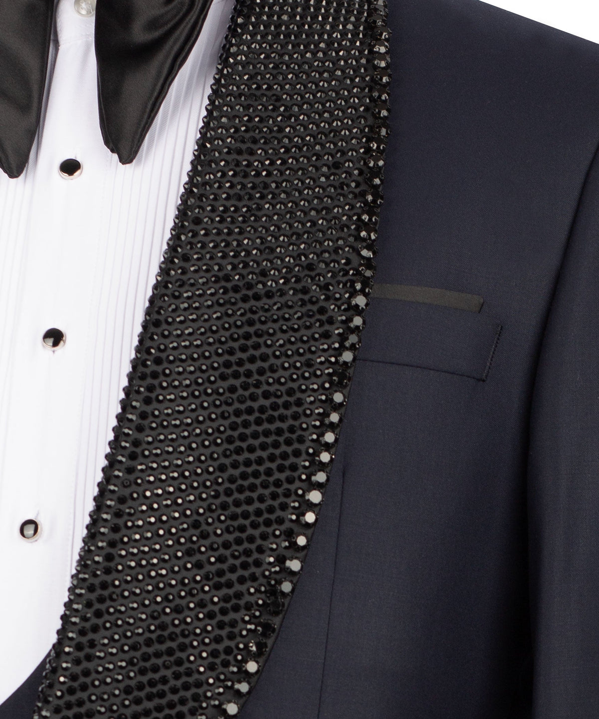 Close-up: black beaded embroidered collar trim on tuxedo vest and shirt