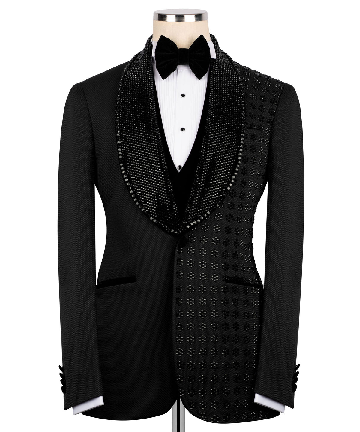 Black 3-piece tuxedo set: embroidered vest, jacket and bow tie