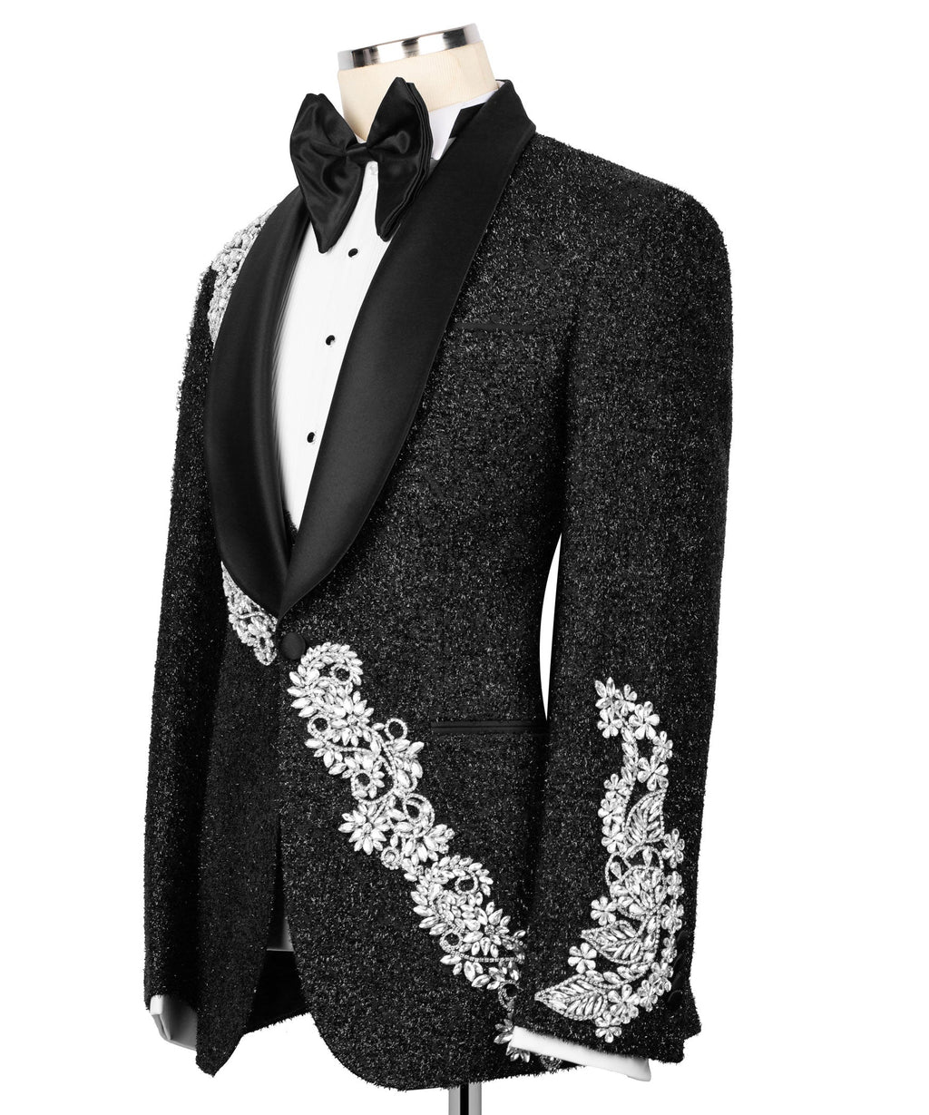 Black tuxedo jacket with silver embroidered pocket design and sleeve trim