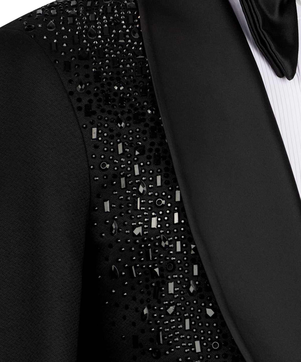 Close-up: black tuxedo embroidered front panel and satin lapel