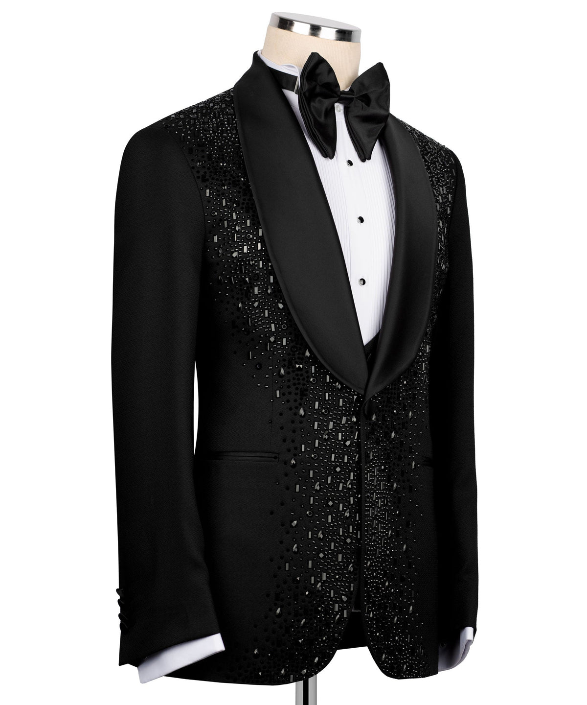 Black tuxedo jacket with embroidered front panel and satin shawl lapels