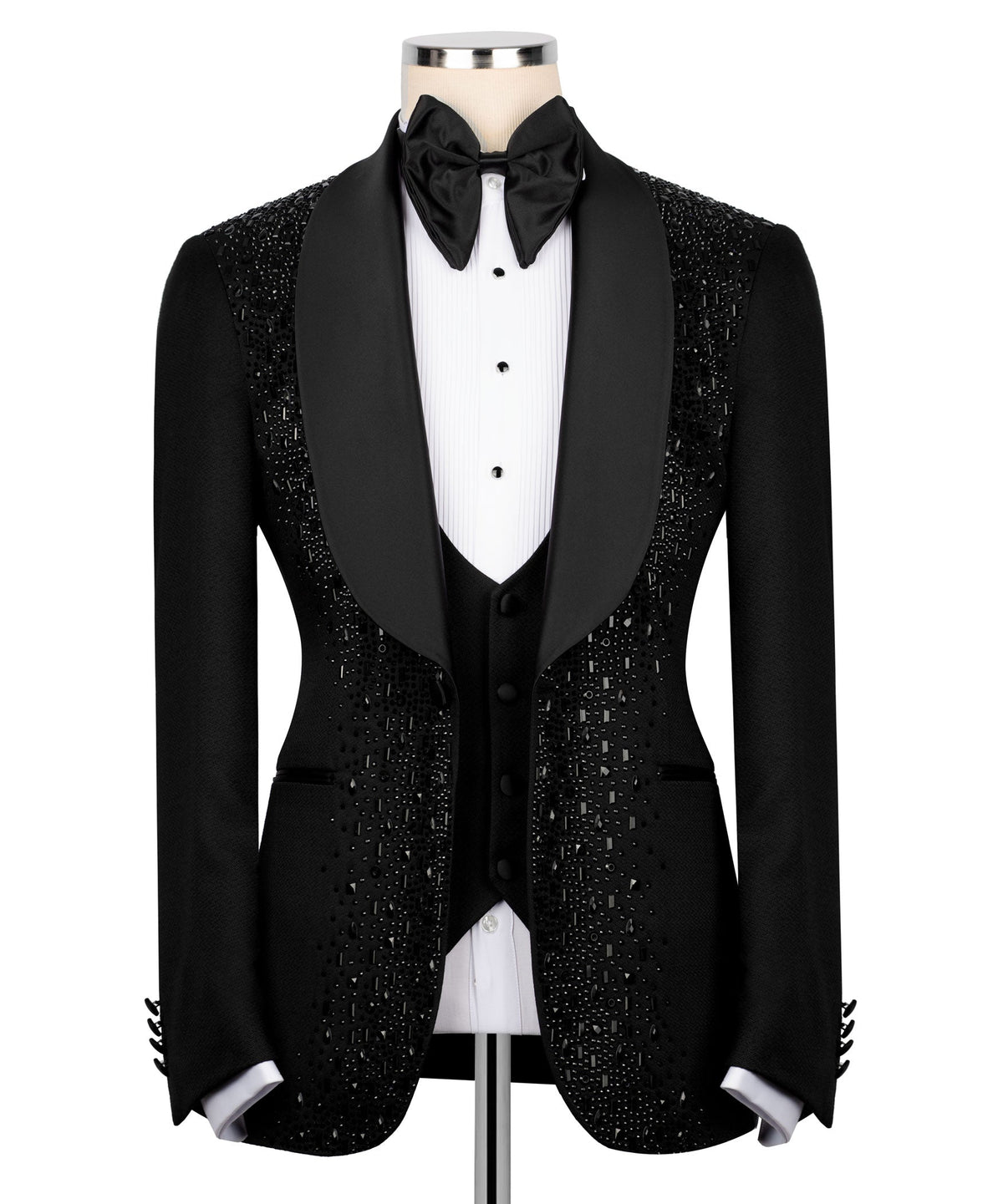 Black tuxedo jacket, satin shawl lapels, bow tie; embroidered speckle detail