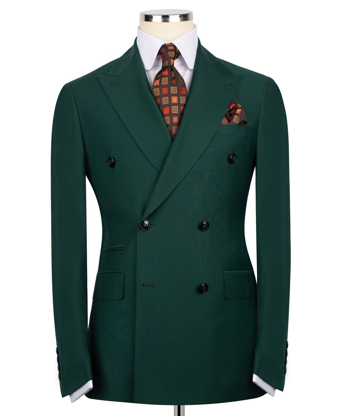 Dark green double-breasted blazer with notched lapels and black buttons