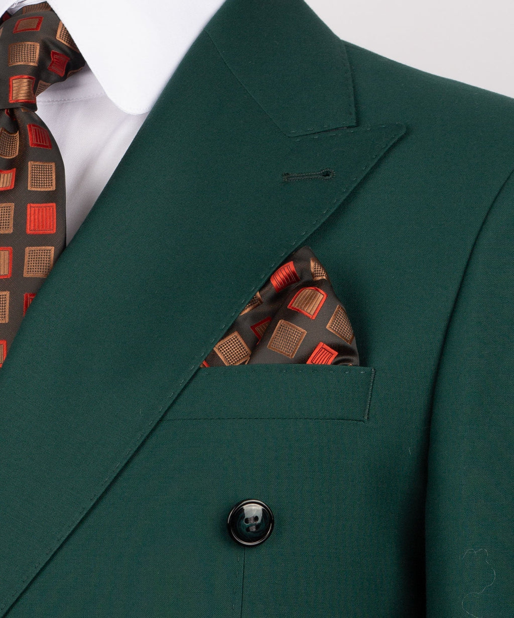 Dark green blazer lapel detail with welt pocket and black button