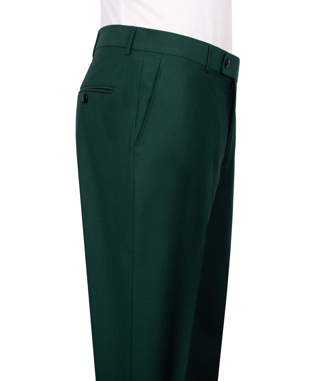 Dark green suit trousers with belt loops and buttoned front closure