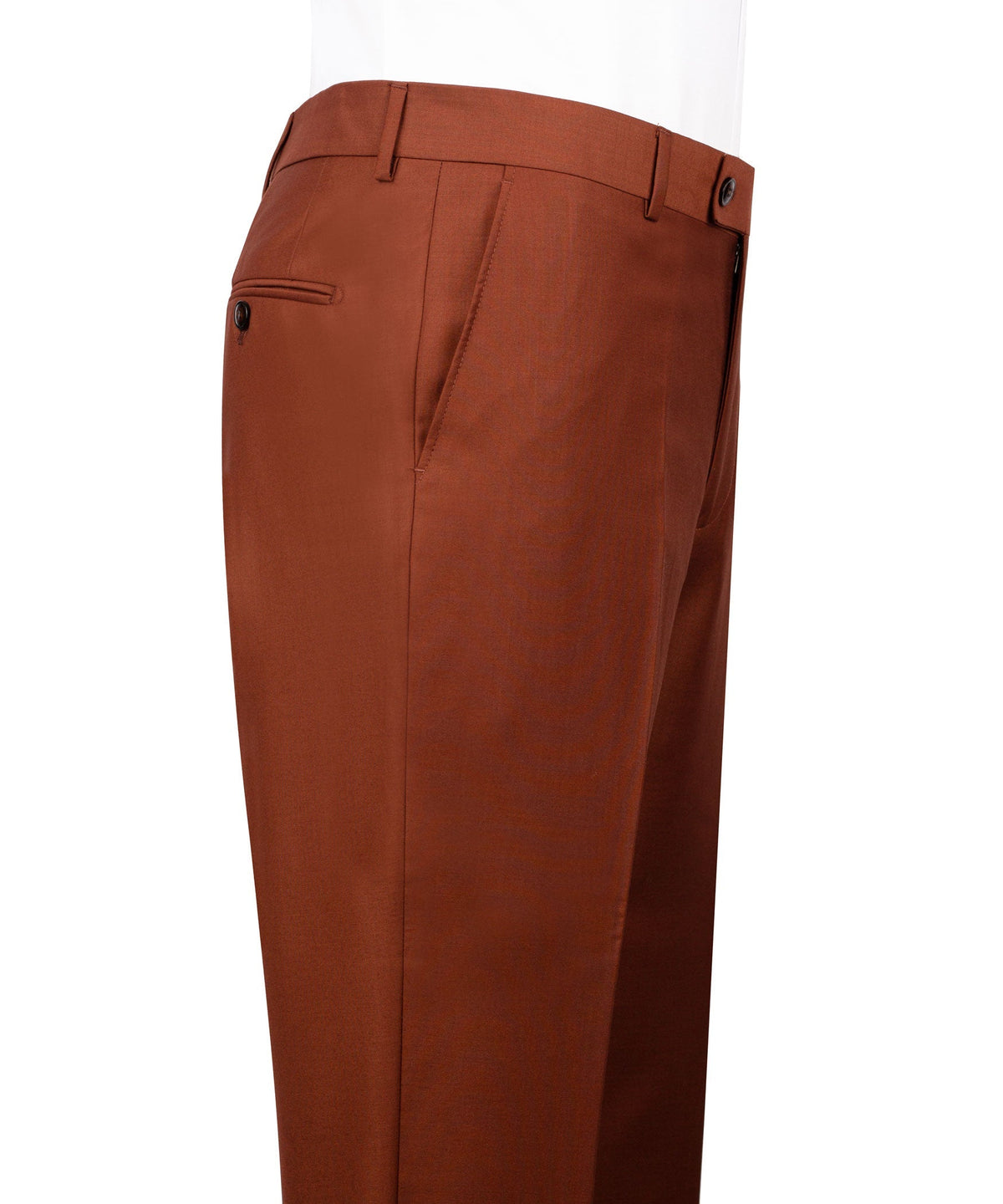 Rust-brown dress pants with belt loops, zip fly, and front crease