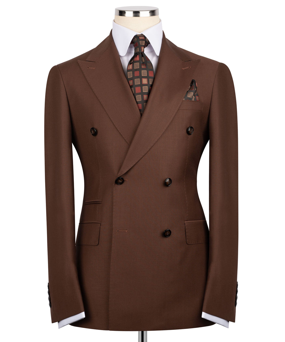 Dark brown double-breasted suit jacket with notch lapels, chest pocket, button cuffs