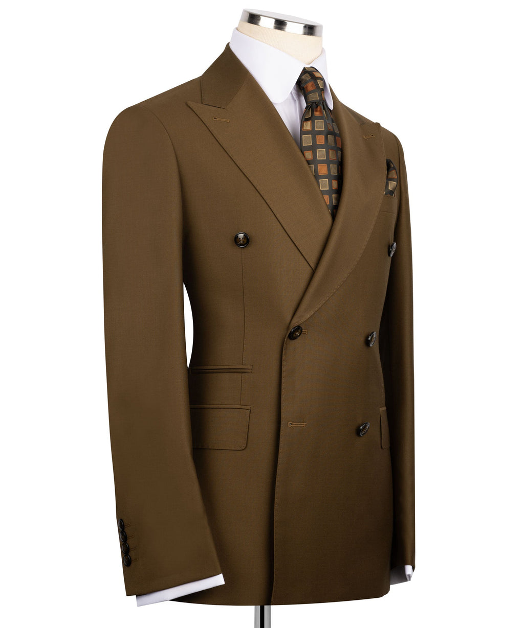Brown double-breasted blazer side view with flap pockets and patterned inner lining