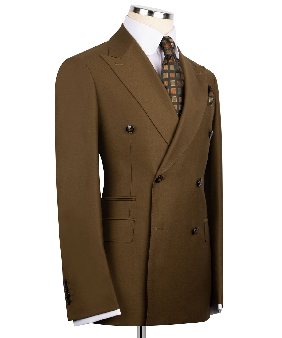 Brown double-breasted blazer side view with flap pockets and patterned inner lining