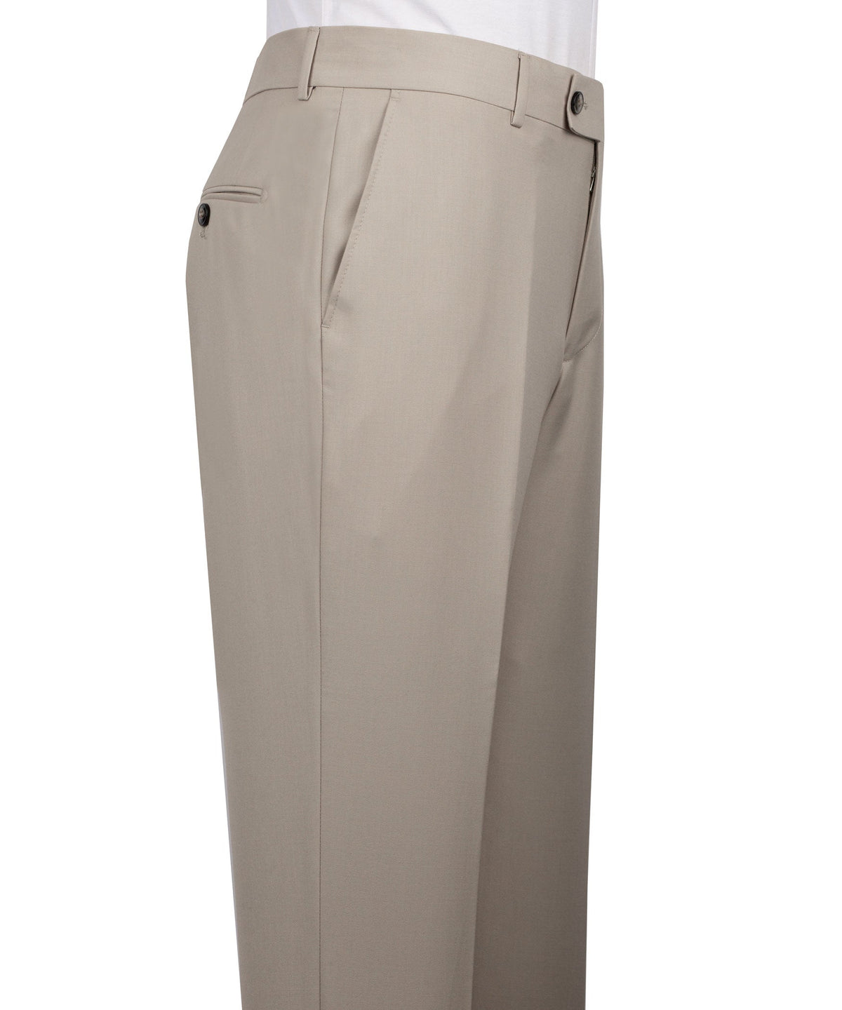 Light taupe dress pants with belt loops, front closure button, and side pockets