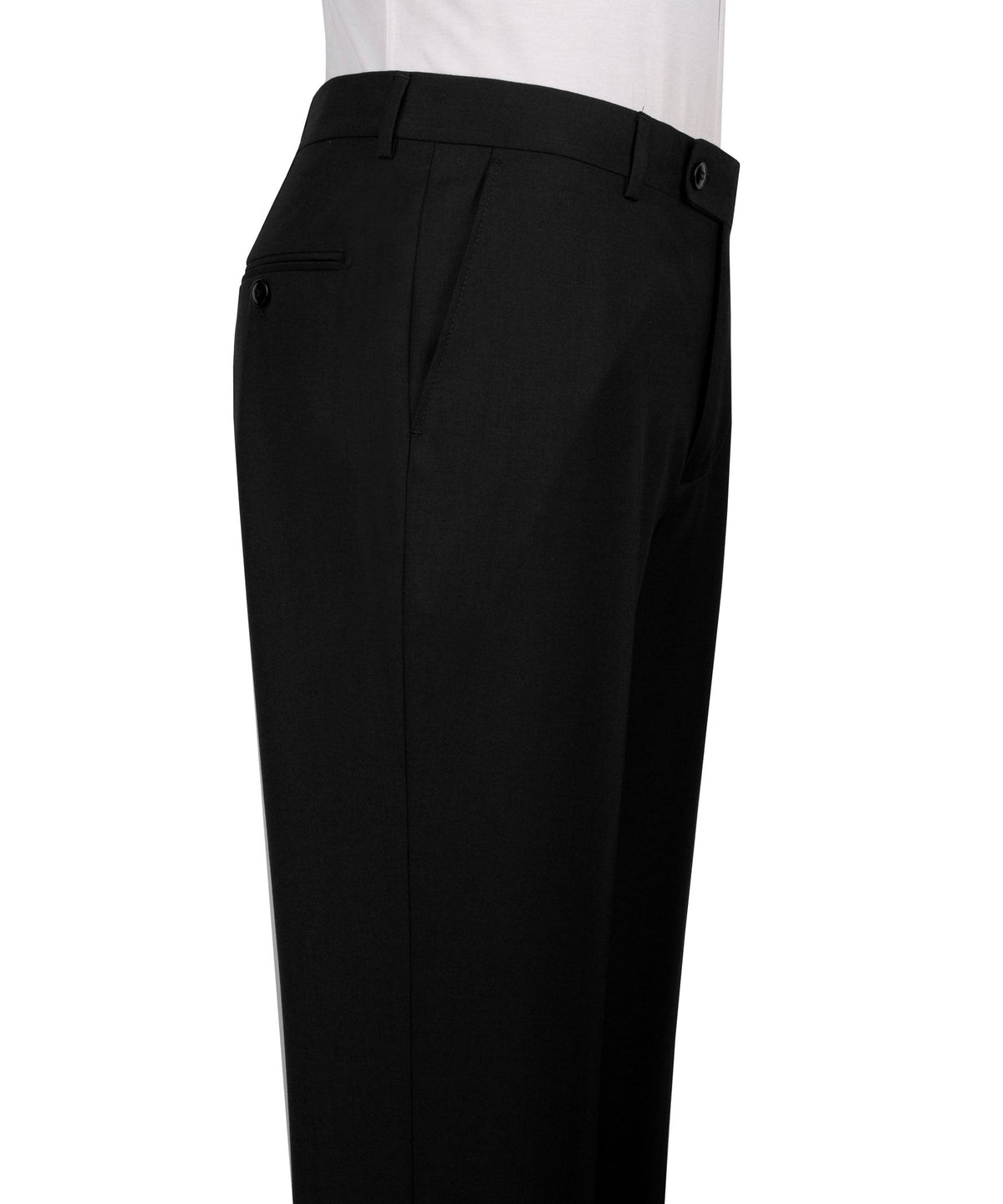 Black suit trousers with waistband, button closure, and front crease