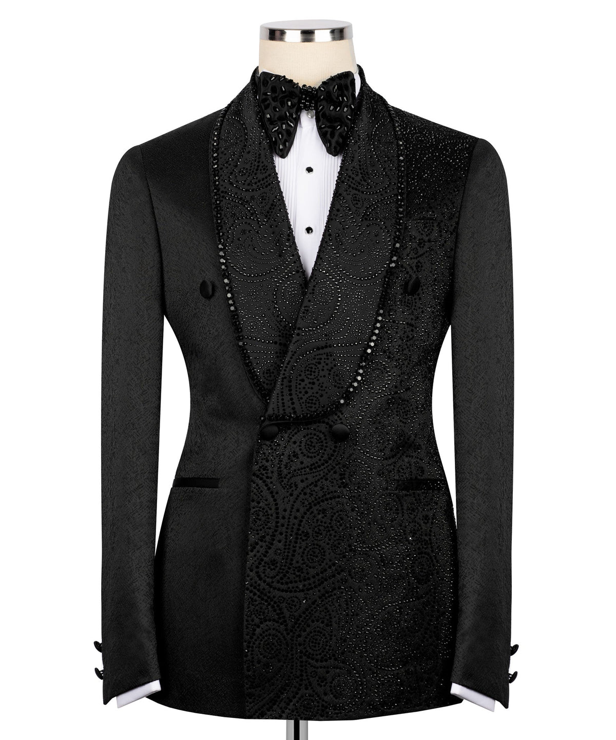 Black embroidered tuxedo set with jacket, embellished vest, bow tie and white shirt