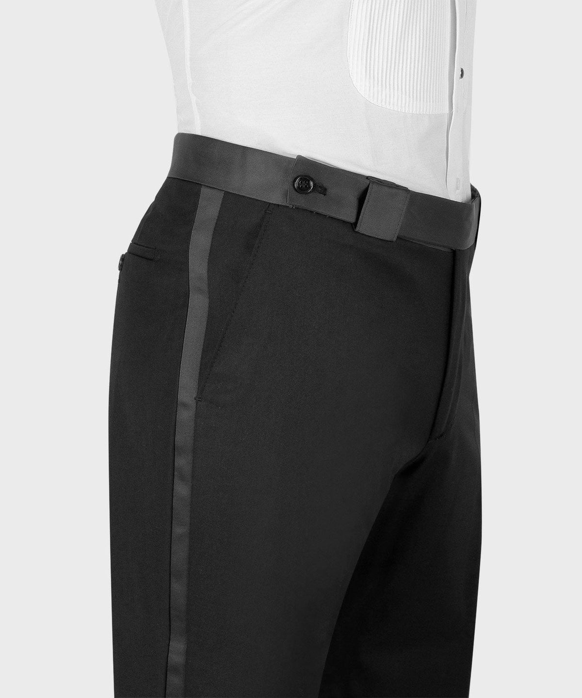 Black dress trousers with belt loops and single button closure, satin waistband