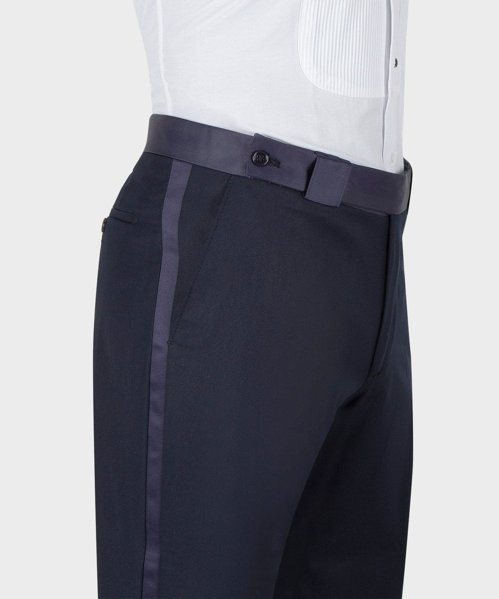 Navy tuxedo trousers with adjustable waistband and side stripe detail